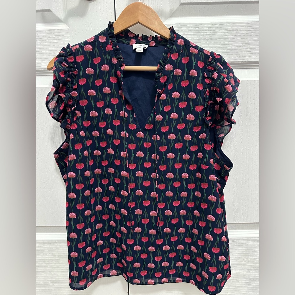 J. Crew Navy Sleeveless Blouse with Pink Floral Ruffle Trim